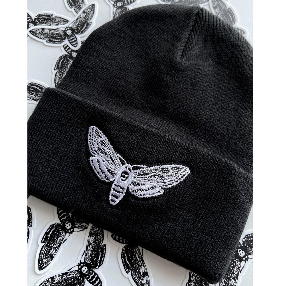 Black Embroidered Moth Beanie – Gothic Spooky Hat, Death’s Head Hawkmoth Bug Bea